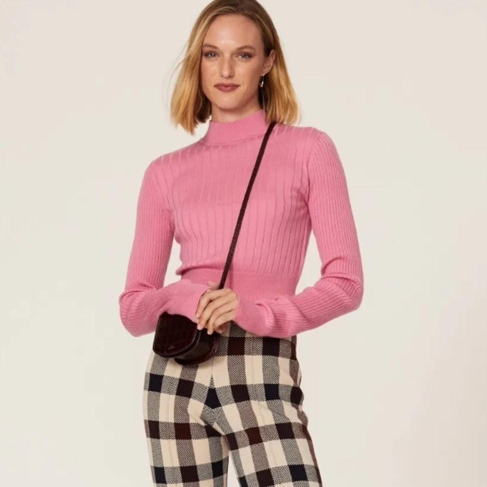 TOME Collective Pink Ribbed Crop Mock Neck Sweater S